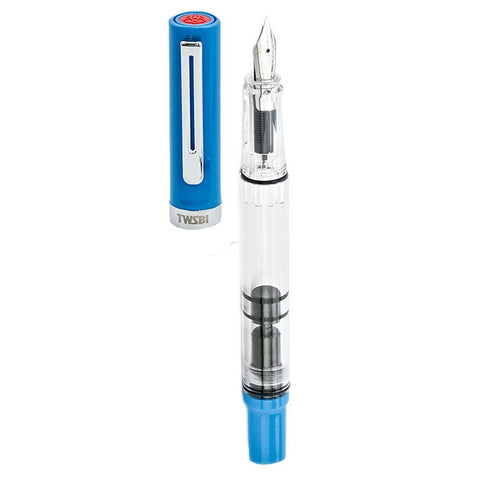 ECO-T (Blue) - Fine: Clear-barrel, piston-filling fountain pen with a bright blue cap and end knob, featuring a stainless nib and TWSBI logo on the cap band.