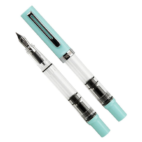 ECO-T (Mint Blue) - Fine fountain pen with transparent barrel, teal cap, and visible silver nib. Features a pronounced grip and piston filler.