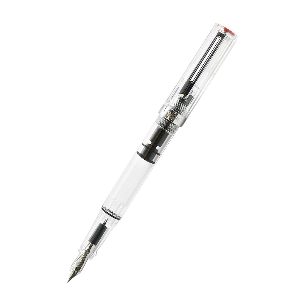 ECO-T (Clear) - Medium fountain pen with transparent barrel and cap, showcasing the internal piston-filling mechanism and a metal nib, designed for enhanced grip technique.