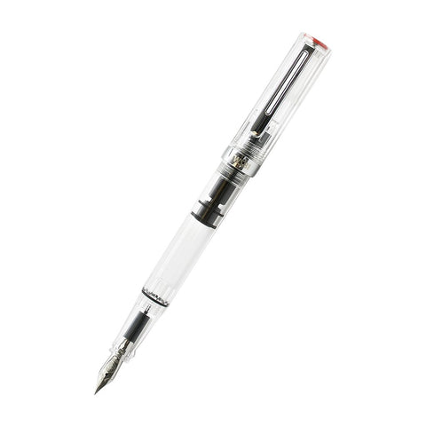 ECO-T (Clear) - Medium fountain pen with transparent barrel and cap, showcasing the internal piston-filling mechanism and a metal nib, designed for enhanced grip technique.