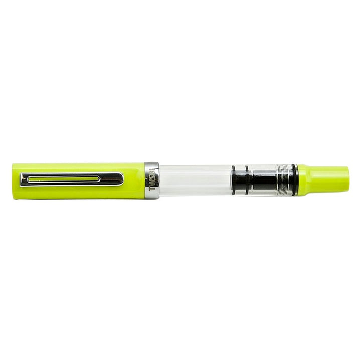 ECO-T (Yellow Green) - Fine fountain pen with transparent barrel, visible piston mechanism, and neon-yellow cap, designed for structured grip learning.