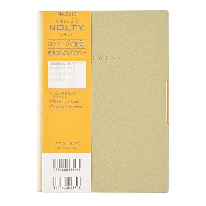 NOLTY 2026 Ecri Plus 7 Weekly Planner - B6, pale beige cover, lays flat, includes maps, log pages, pen holder, perfect for fountain pen users.