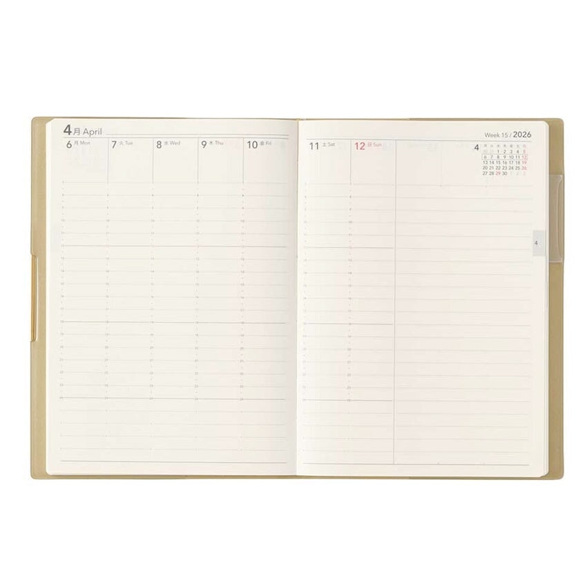 2026 Ecri Plus 7 Weekly Planner - B6, open to April 6–12, 2026, showing vertical columns for time-blocking and a month-at-a-glance April calendar.