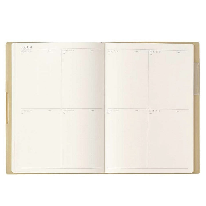 2026 Ecri Plus 7 Weekly Planner - B6 shows open pages with log boxes and Log List, exemplifying NOLTY's Japanese craftsmanship. Ideal for fountain pen friendly planning.