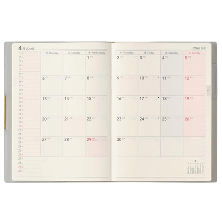2026 Ecri Plus 8 Weekly Planner - B6, open to April 2026, featuring a monthly spread with spacious date boxes, ideal for fountain pen use, crafted in Japan.