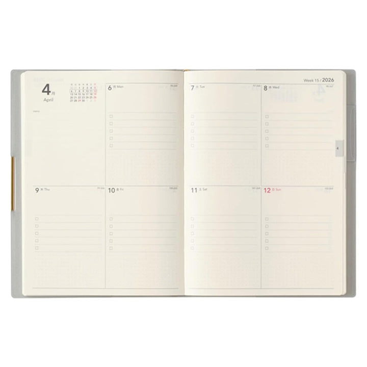 2026 Ecri Plus 8 Weekly Planner - B6 features a weekly grid layout with notes, check-boxes, and a protective cover, crafted by NOLTY in Japan.