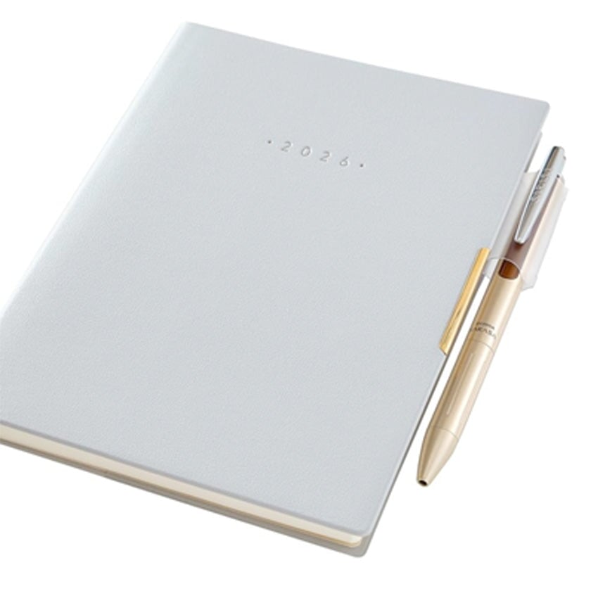 NOLTY 2026 Ecri Plus 8 Weekly Planner B6 with embossed cover, metallic pen, and protective leatherette cover, ideal for detailed planning and organization. Made in Japan.