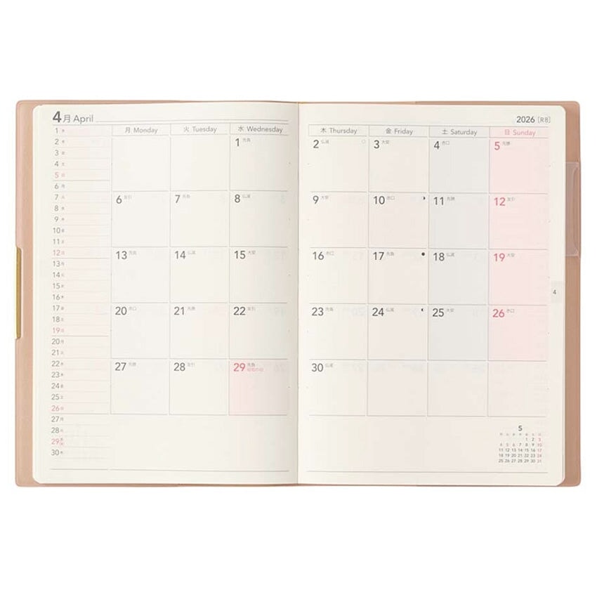 2026 Ecri Plus Memo Planner - B6, open to April 2026 month view, showcasing detailed layout with notes column and mini-calendar, crafted by NOLTY in Japan.