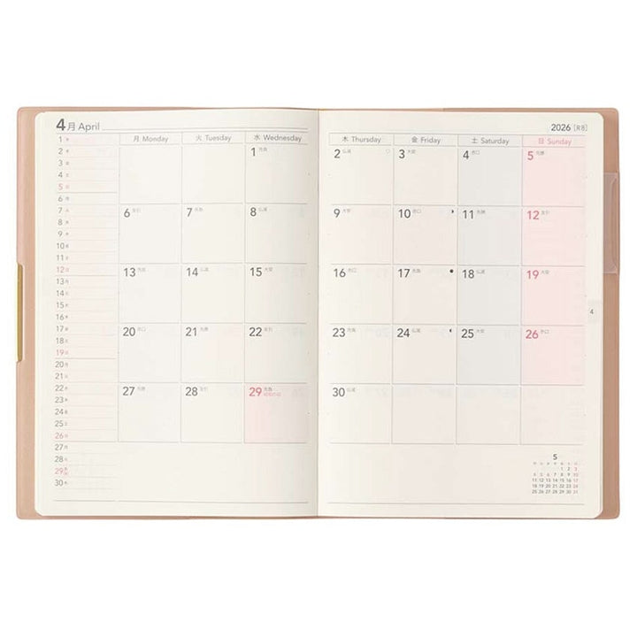2026 Ecri Plus Memo Planner - B6, open to April 2026 month view, showcasing detailed layout with notes column and mini-calendar, crafted by NOLTY in Japan.