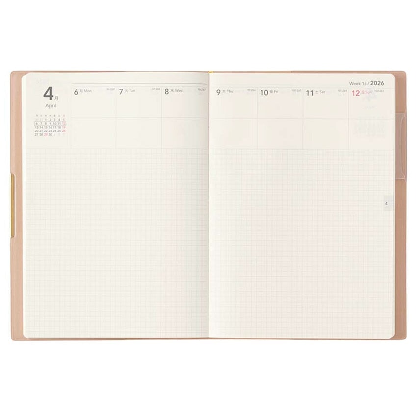 2026 Ecri Plus Memo Planner B6, open view of weekly layout with grid notes, showcasing Japanese craftsmanship in fountain pen friendly design.