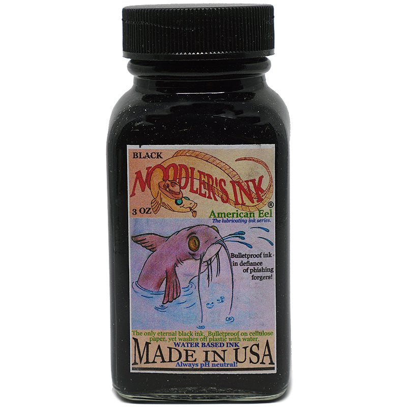 Eel Black - 2ml bottle of Noodler’s Ink, American Eel series, water-based, bulletproof, and pH-neutral, ideal for archival fountain-pen writing.
