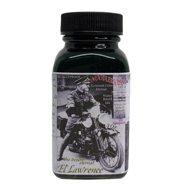 El Lawrence - 2ml glass bottle of Noodler’s ink, featuring a vintage Lawrence of Arabia label, highlighting bulletproof, waterproof, and UV-resistant properties.