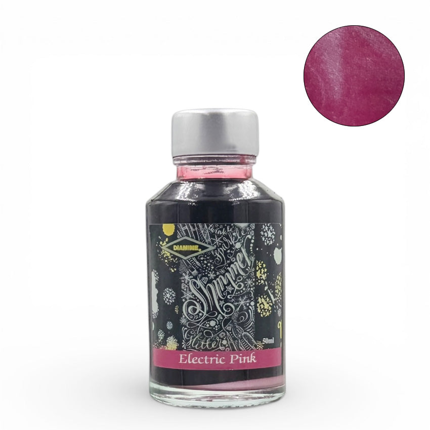 Diamine Electric Pink (Shimmer) - 50ml fountain pen ink with pink shimmer particles, showcased in a 50 mL bottle, ideal for vibrant, sparkling writing.