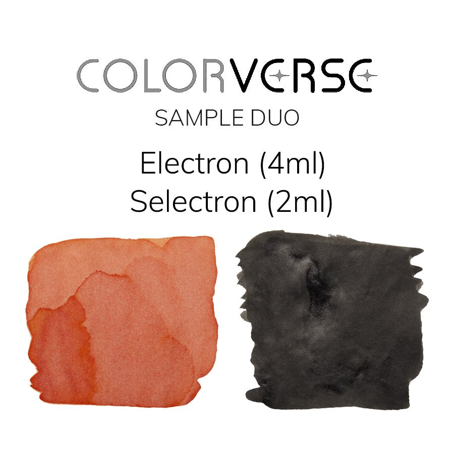 Colorverse Electron + Selectron - 2ml Each Set, featuring warm reddish-orange and deep charcoal-black ink swatches, part of the Multiverse Collection.