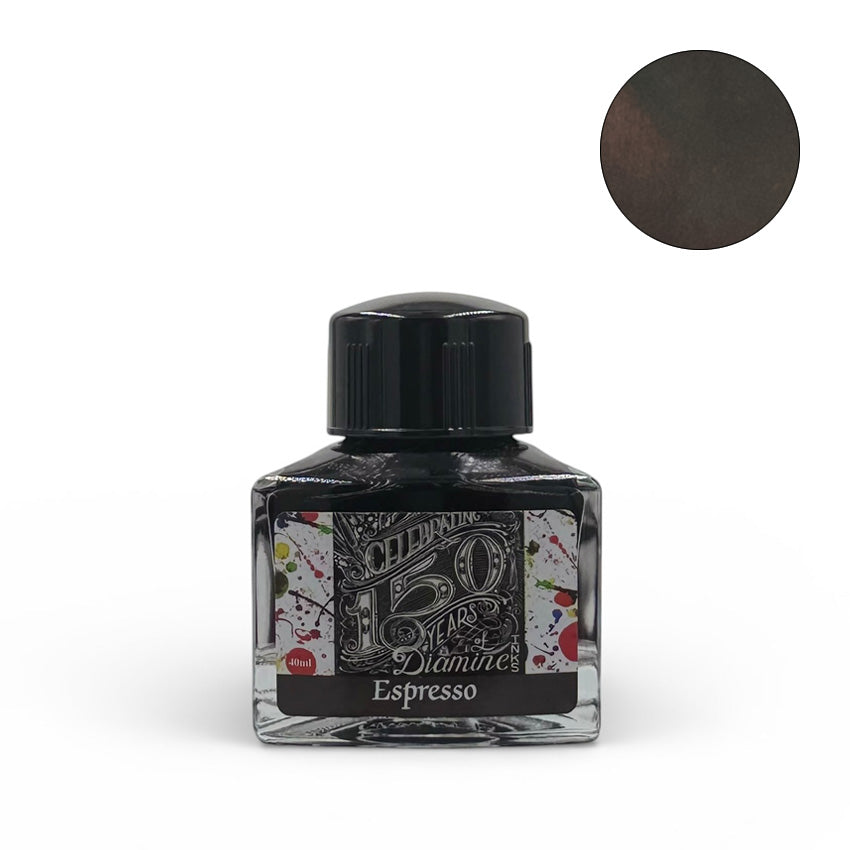 Diamine Espresso (150th Anniversary) fountain pen ink in a 40ml triangular glass bottle, featuring a deep brown swatch in the corner.