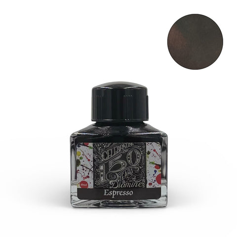 Diamine Espresso (150th Anniversary) fountain pen ink in a 40ml triangular glass bottle, featuring a deep brown swatch in the corner.