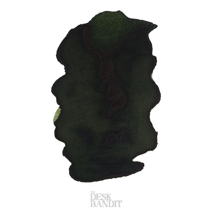 Eucalyptus Leaf - 2ml ink sample, featuring a deep green-black blotch on white, branded with THE DESK BANDIT, ideal for fountain pen enthusiasts.