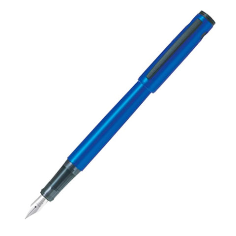 Pilot Explorer (Metallic Blue) - Medium fountain pen with a metallic blue body, translucent dark gray grip, and silver metal nib, ideal for versatile writing.
