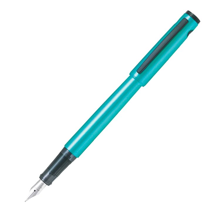 The Pilot Explorer (Metallic Emerald Blue) pen features a turquoise resin barrel with a fine steel nib, offering a lightweight, balanced design for smooth writing.