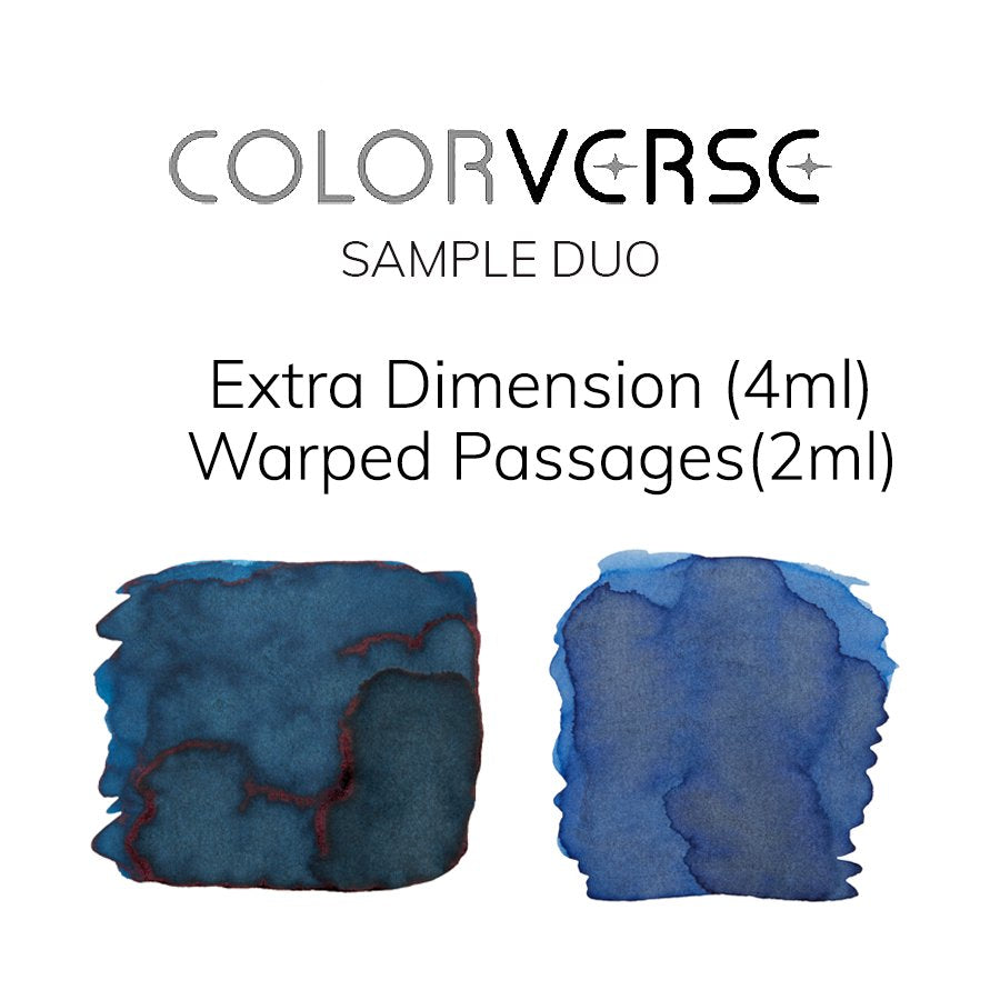 Colorverse Sample Duo, featuring Extra Dimension (4 ml) and Warped Passages (2 ml), showcases deep teal and mid-tone blue watercolor-style ink swatches.