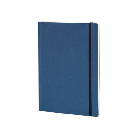 EcoQua A5 Ruled - Blue notebook with a medium-blue cloth cover, black elastic closure, and 160 pages of pale ivory ruled paper by Fabriano Boutique.