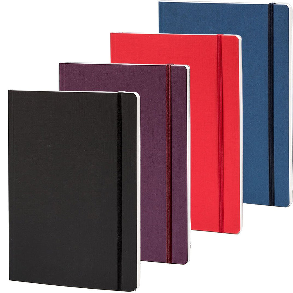 Four EcoQua A5 Ruled notebooks with cloth-textured covers and elastic closures in black, purple, red, and blue, showcasing Fabriano's quality craftsmanship.