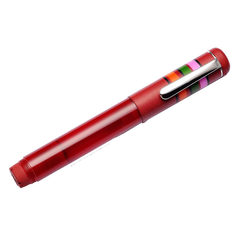 Fantasia - Red (Fine) fountain pen with translucent red barrel, colorful cap bands, polished metal clip, and JoWo nib, showcasing OPUS 88's unique eyedropper mechanism.