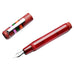 Disassembled OPUS 88 Fantasia - Red (Medium) fountain pen with exposed steel nib, matching cap featuring a silver clip and multicolored striped band.