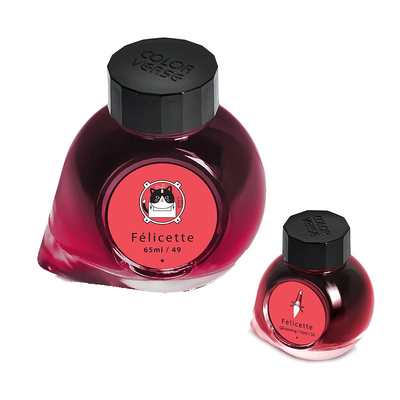 Félicette (Glistening) - 2ml sample, featuring Colorverse's distinctive 65ml and 15ml bottles with cat/rocket motif, highlighting plant-based, dye-based gold shimmer ink.