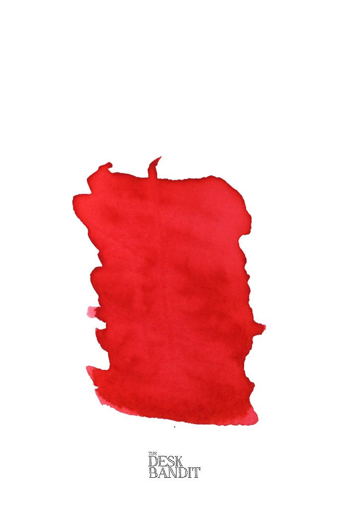 Fernambuk (2ml) sample of Rohrer &amp; Klingner dye-based ink, featuring an abstract red watercolor blotch on white background, with THE DESK BANDIT branding below.
