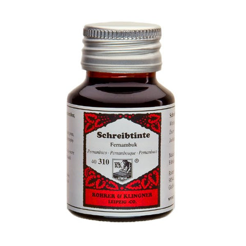 Rohrer & Klingner Fernambuk - 50ml: Small glass bottle with silver cap, labeled for Brazilwood-based fountain-pen ink, displaying dark reddish-brown color.