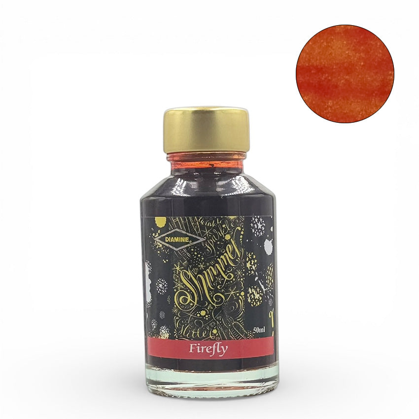 Diamine Firefly Shimmer fountain pen ink, 50ml bottle, red-orange with gold shimmer, clear glass with gold cap, England-made, acid-free, vegan-friendly.