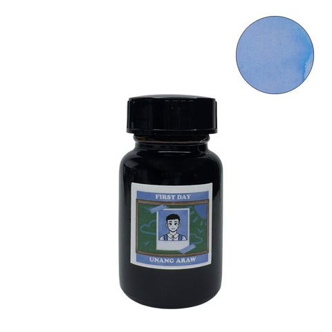 Vinta Inks First Day (Unang Araw) 30ml fountain pen ink bottle with a student cartoon label, featuring sky-blue ink from the Homeroom Collection.