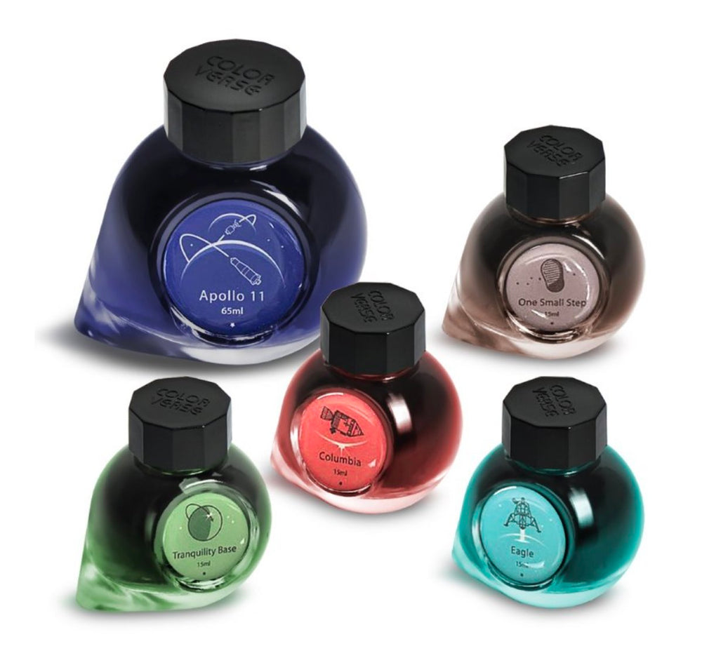 First Moon Landing - 65ml + 4x15ml Set: Features five Colorverse ink bottles themed around Apollo 11, each with mission-related icon labels. Limited edition, plant-based inks.