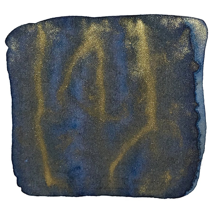 Fisherman's Song - 18ml ink swatch shows dark blue-gray with gold shimmer, creating glowing patterns, inspired by Tang Dynasty poetry.