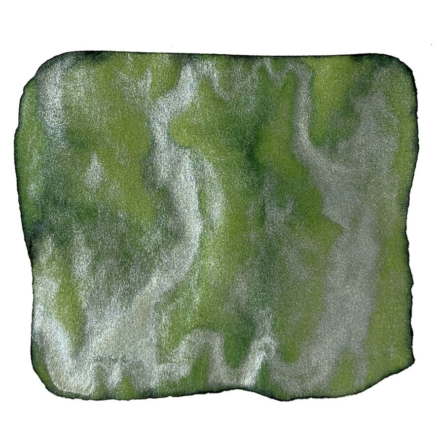 Fizzy Lime (Shake 'N' Shimmy) - 2ml sample of Robert Oster fountain pen ink, featuring an abstract green swatch with silvery highlights on a white background.