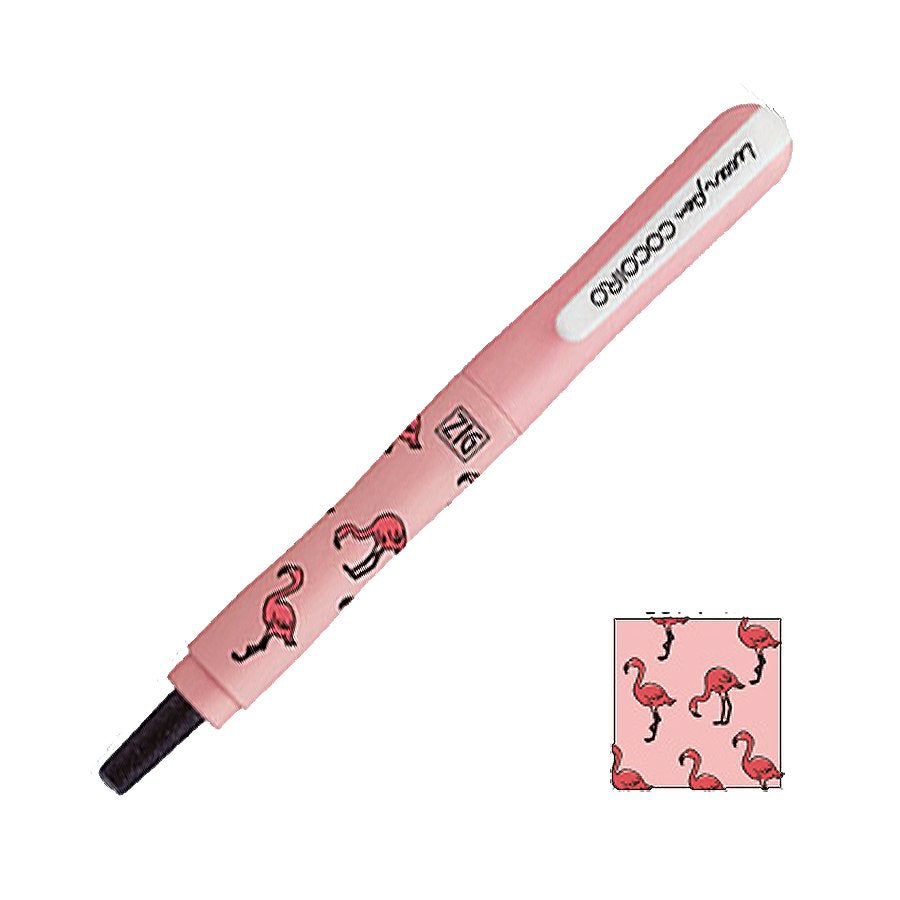 ZIG Letter pen COCOIRO - Dreaming Flamingo 1 - Black, features a pink barrel adorned with flamingo illustrations, flexible felt tip for varied line widths.