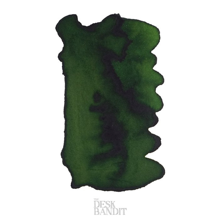 Forest Green - 50ml ink swatch by Robert Oster; dark green with deep hues, featuring THE DESK BANDIT watermark on white paper.
