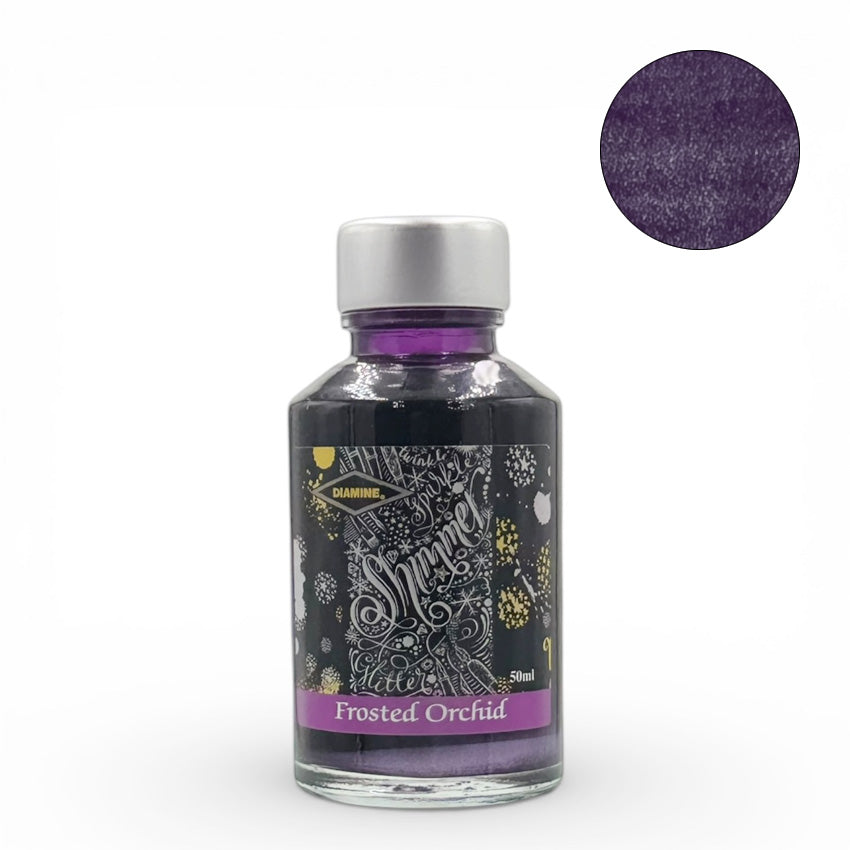 Diamine Frosted Orchid Shimmer fountain pen ink, 50ml glass bottle with decorative label and purple shimmer inset, ideal for collectors and writing enthusiasts.