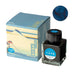 Boxed set of Hokusai-Fukakihanada - 40ml Japanese ink with a square glass bottle, decorative box featuring Mount Fuji, and an ink color swatch.