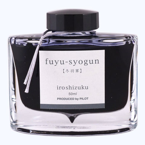 Iroshizuku Ink - Fuyu Syogun (50ml) in a sleek glass bottle, showcasing Pilot's cool, winter-inspired gray-black fountain-pen ink.