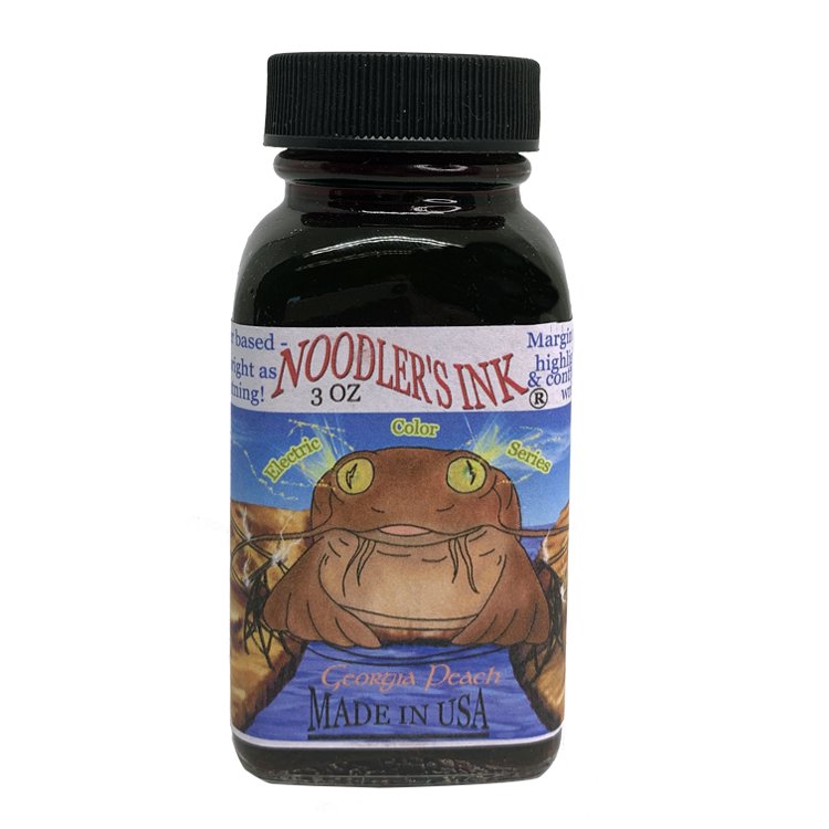 Georgia Peach - 2ml bottle of Noodler’s Ink from the Electric Color Series, featuring a frog illustration and marked “Made in USA,” suitable for highlighting.