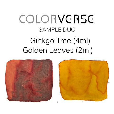 Ginkgo Tree and Golden Leaves - 2ml Each Set, featuring red-brown/olive and golden-yellow ink swatches, showcasing Colorverse's plant-based, dye-based inks for a smooth writing experience.