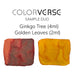 Ginkgo Tree and Golden Leaves - 2ml Each Set, featuring red-brown/olive and golden-yellow ink swatches, showcasing Colorverse's plant-based, dye-based inks for a smooth writing experience.