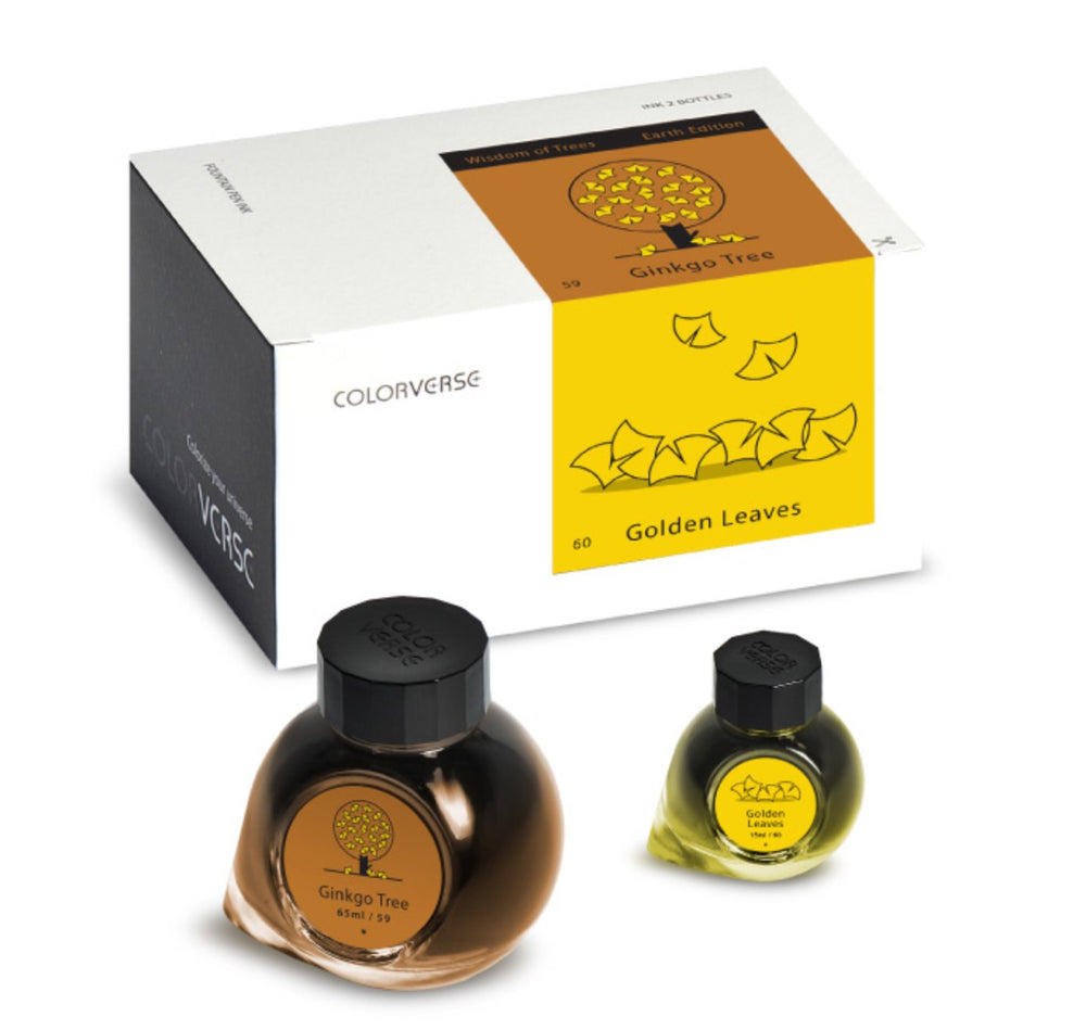 Ginkgo Tree & Golden Leaves - 65ml + 15ml Set in a white and black box, includes two ink bottles, brochure, pen rest, stickers, bookmark, and napkin.