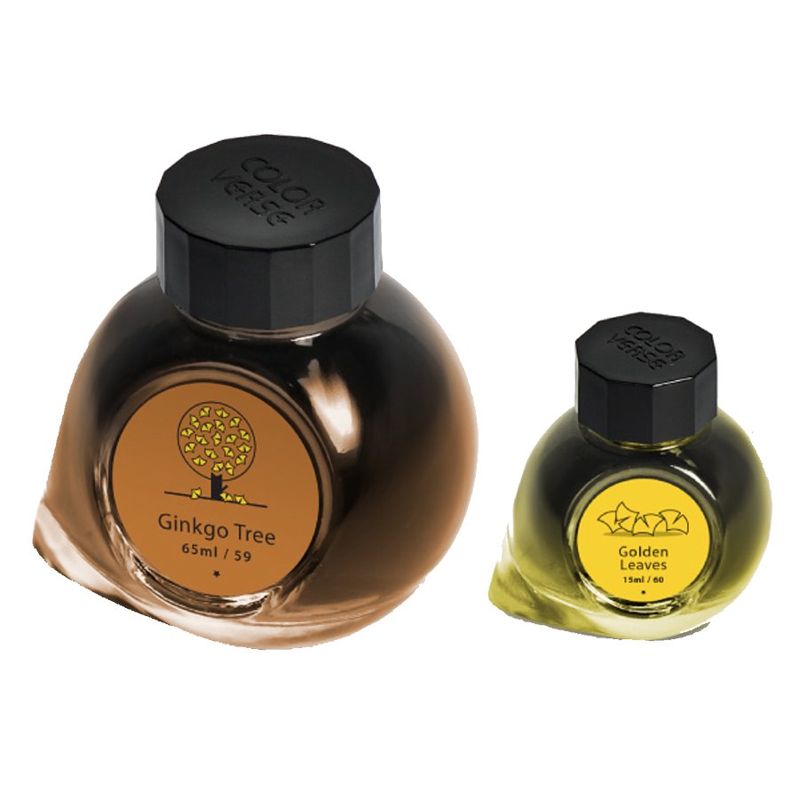 Ginkgo Tree & Golden Leaves - 65ml + 15ml Set: Two Colorverse ink bottles with faceted black caps, featuring Ginkgo Tree and Golden Leaves from the Tree of Life series.