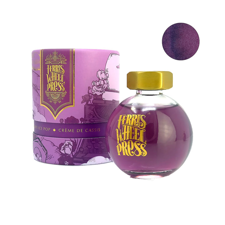Ferris Wheel Press Grape Ice Pop - 2ml ink set includes a deep purple ink bottle with a gold cap, housed in a decorative cylindrical box.