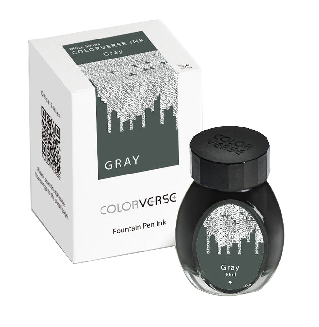 Gray - 2ml boxed fountain-pen ink by Colorverse, featuring a white box and black-capped glass bottle, each adorned with a stylized cityscape design.
