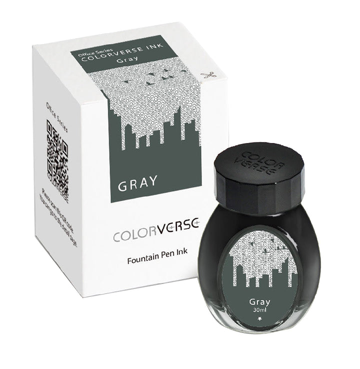 Gray - 2ml boxed fountain-pen ink by Colorverse, featuring a white box and black-capped glass bottle, each adorned with a stylized cityscape design.