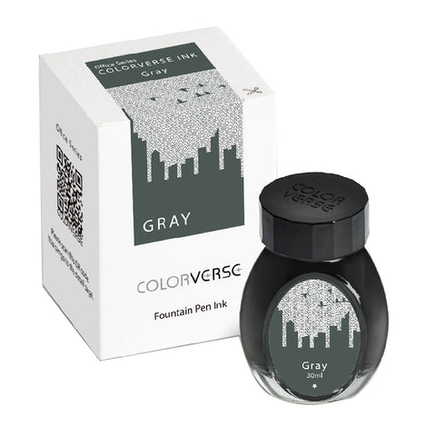 30ml Colorverse “Gray” fountain-pen ink bottle with cityscape design, part of the Office Series, shown with its matching box featuring similar graphics.